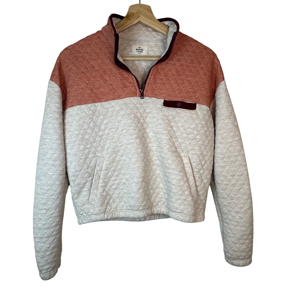 Marine Layer Corbet Pullover Women's S Quilted Colorblock Oatmeal Peach 1/4 Zip